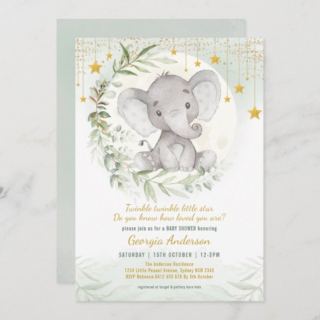 Invitation Elephant Twinkle Little Star Baby shower de verdur (Devant / Derrière)