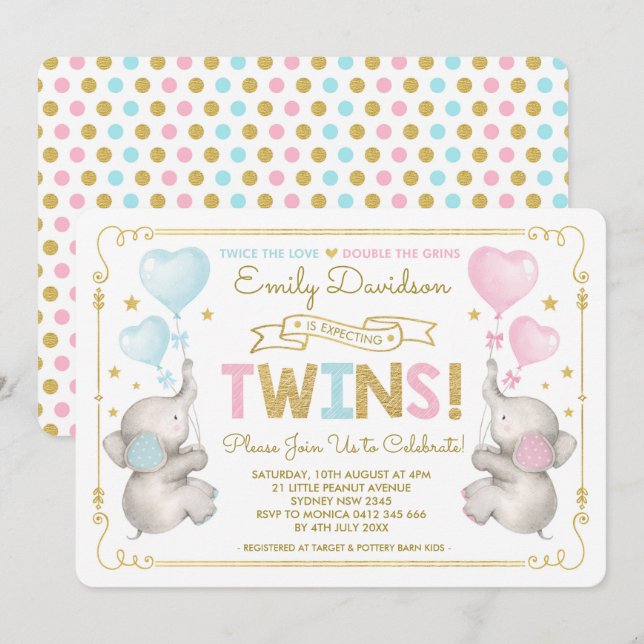Invitation Elephant Twins Baby shower bleu rose or garçon fil (Devant / Derrière)