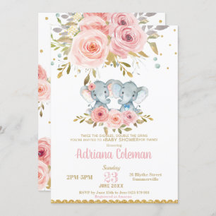 Invitation Eléphant Twins Boy Girl Baby shower Floral rose