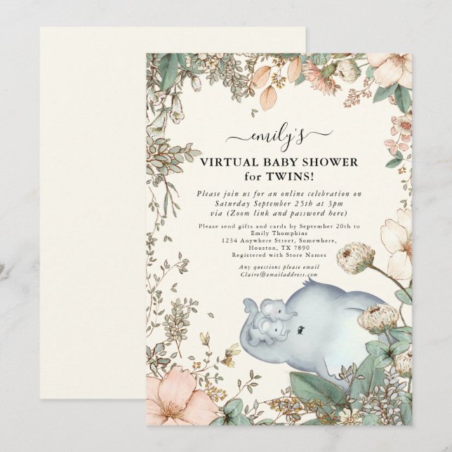 Invitation Elephant Twins Florals Crème Baby shower virtuel (Devant / Derrière)
