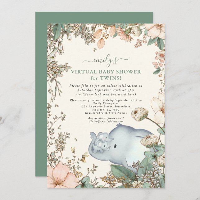 Invitation Elephant Twins Florals Sage Baby shower virtuel (Devant / Derrière)