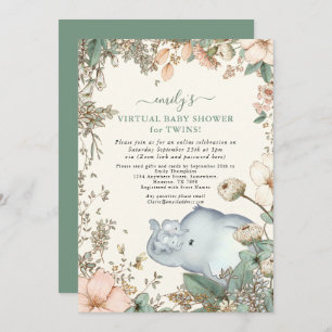 Invitation Elephant Twins Florals Sage Baby shower virtuel