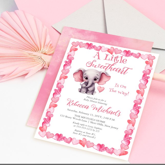 Invitation Elephant Un Petit Baby shower Fille Amoureuse (Pink Hearts | Elephant "A Little Sweetheart Is On The Way" Girl Baby Shower Invitation)