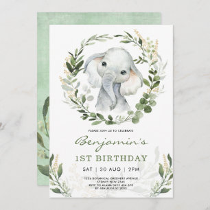 Invitation Eléphant vert moderne   Green Gold 1er anniversair