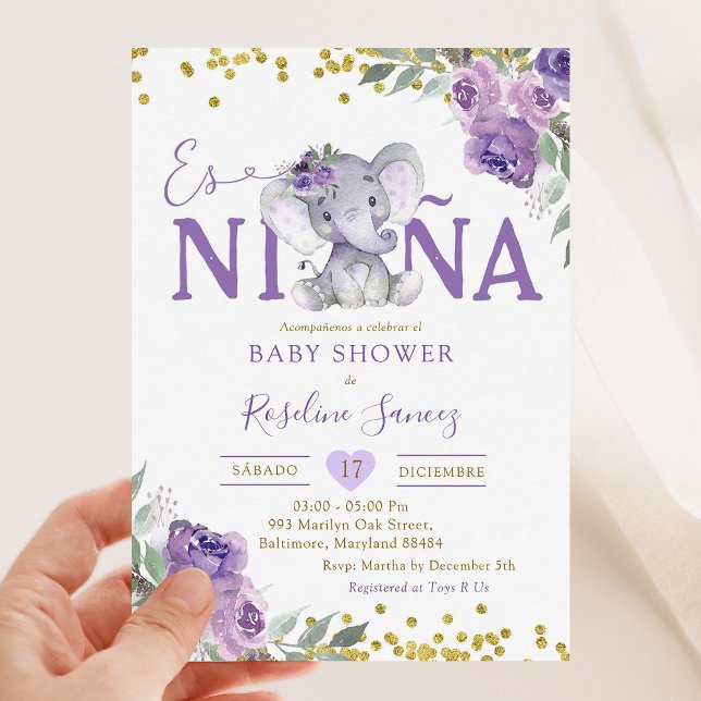Invitation Eléphant violet espagnol Es Niñ un Baby shower (Créateur téléchargé)