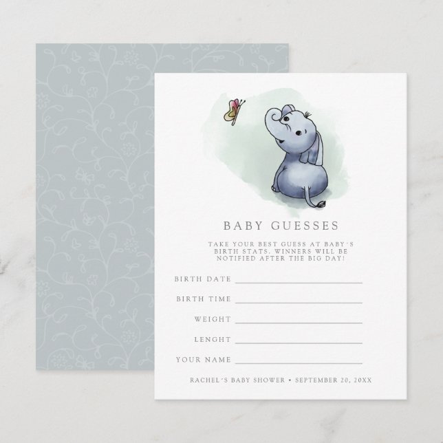 Invitation Elephant w papillon baby shower de deviner jeu (Devant / Derrière)
