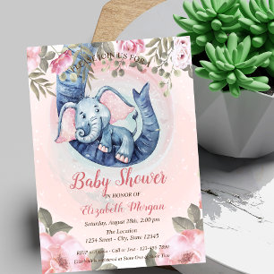 Invitation Éléphanteau Adorable Points Floraux Baby Shower