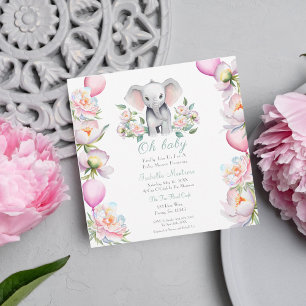 Invitation Éléphanteau avec pivoines et ballons Baby Shower