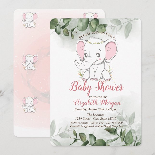 Invitation Éléphanteau,Baby Shower de verdure d'eucalyptus (Devant / Derrière)