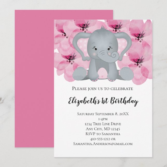 Invitation Éléphanteau fille rose fleurs floral mignon (Devant / Derrière)