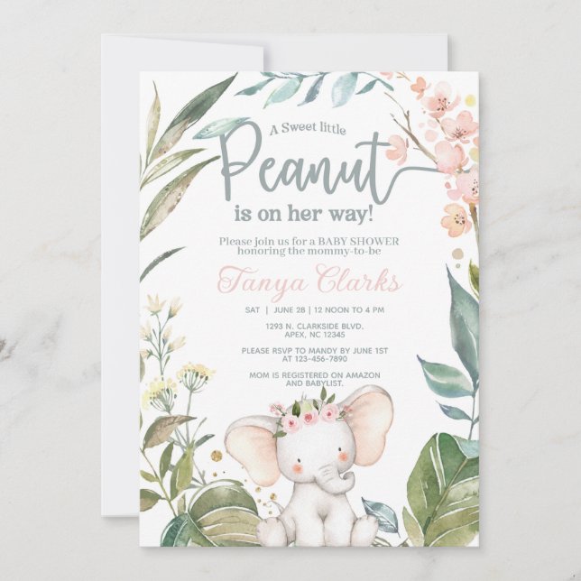 Invitation Éléphanteau & fleurs roses fille baby shower. (Devant)