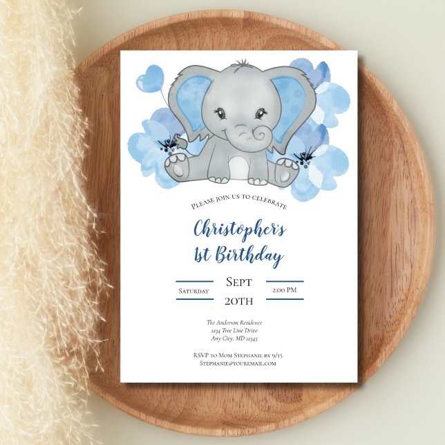 Invitation Éléphanteau garçon bleu fleurs ballons anniversair (Blue Gray Elephant Flowers Balloons Baby 1st Birthday Invitation, Printed or Digital Download)