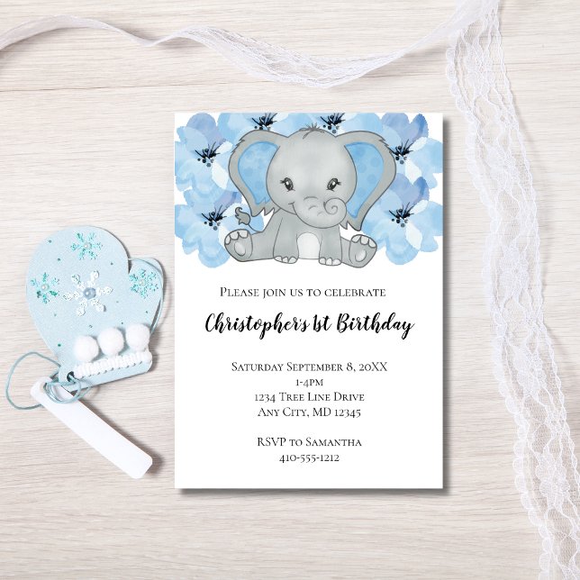 Invitation Éléphanteau Garçon Bleu Fleurs Premier Anniversair (Blue Elephant and Flowers Baby Boy 1st Birthday Invitation.)
