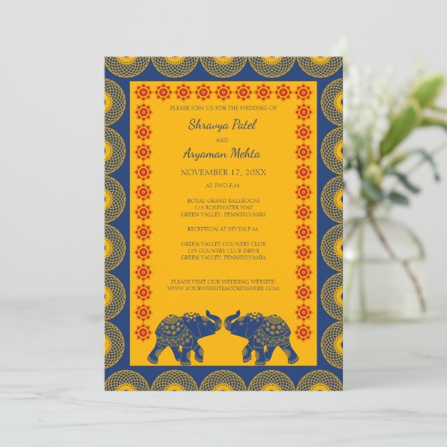 Invitation Eléphants à thème indiens en Mariage bleu royal (Debout devant)