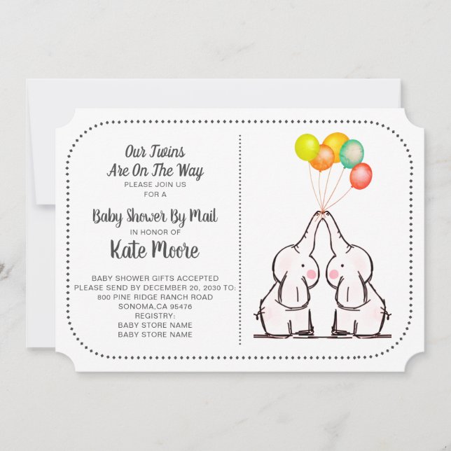 Invitation Eléphants Baby shower par courrier | Jumeaux (Devant)