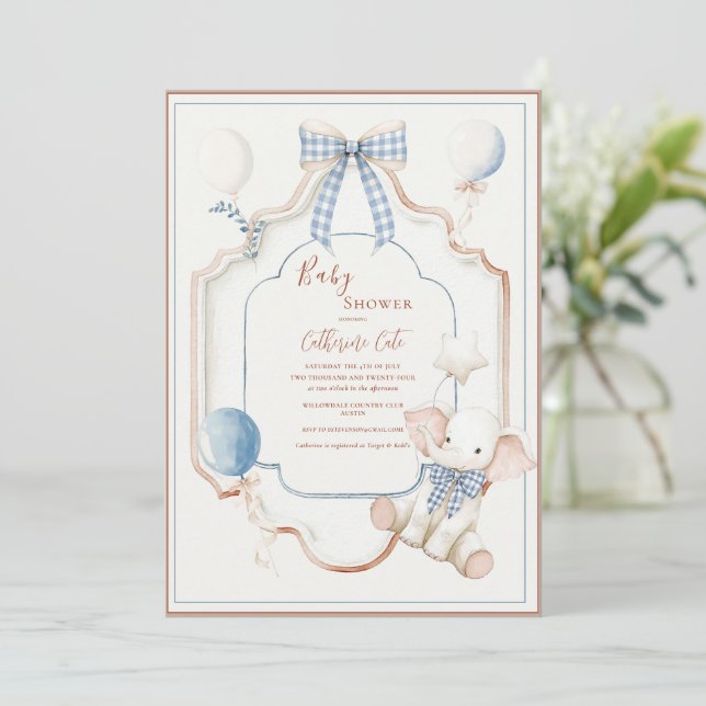 Invitation Éléphants Ballons Bébé Cadre Bleu Vintage (Debout devant)