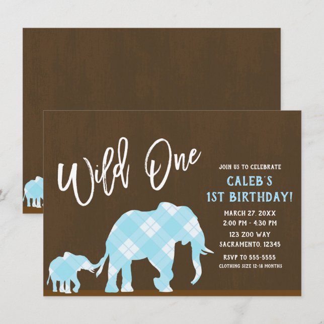 Invitation Éléphants Bleus Marron Moderne WILD ONE 1er Annive (Devant / Derrière)