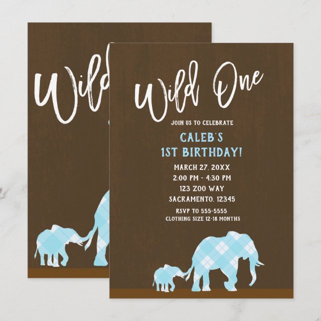 Invitation Éléphants bleus marron modernes FOU 1er anniversai (Devant / Derrière)