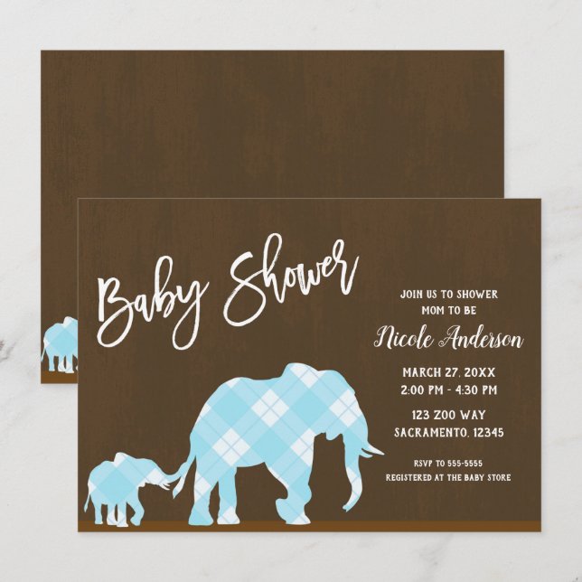 Invitation Éléphants Bleus Marron Tendances Modernes Baby Sho (Devant / Derrière)