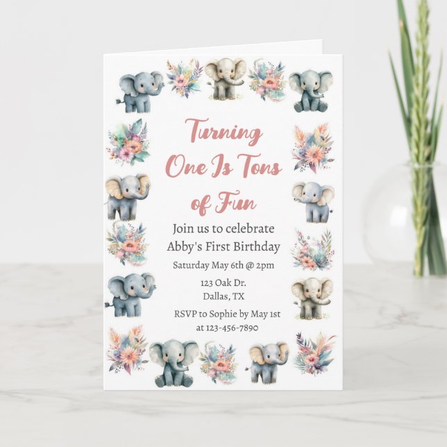 Invitation Eléphants & Boho Jungle Fleurs Anniversaire (Devant)