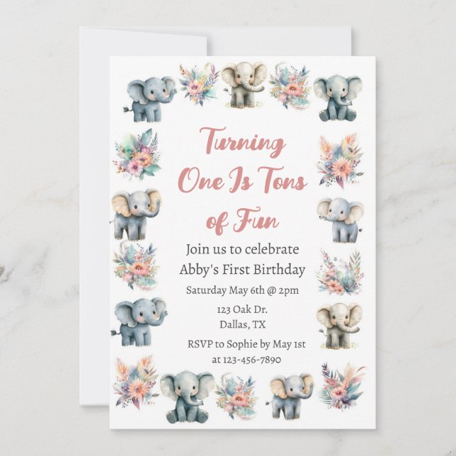 Invitation Eléphants & Boho Jungle Fleurs Anniversaire (Devant)