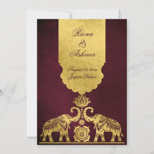 Invitation Éléphants bordeaux et or luxe mariage indien 