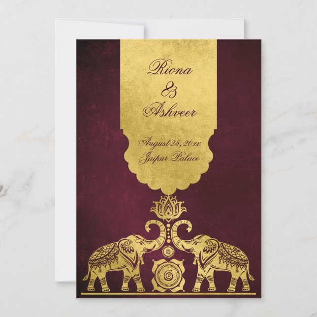 Invitation Éléphants bordeaux et or luxe mariage indien  (Devant)