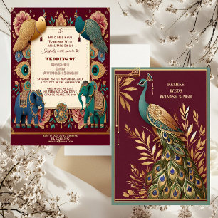 Invitation Éléphants de bon augure Plume de paon Orné Indien
