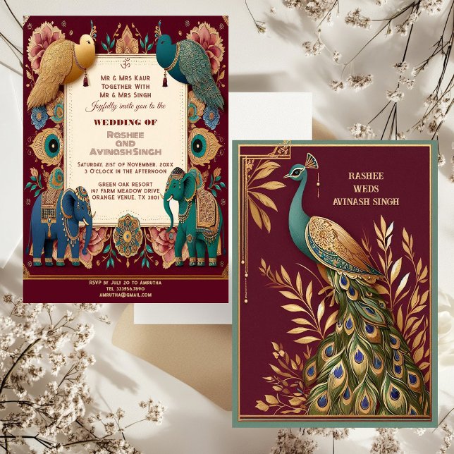 Invitation Éléphants de bon augure Plume de paon Orné Indien (Auspicious Elephants Peacock Feather Ornate Indian Invitation)