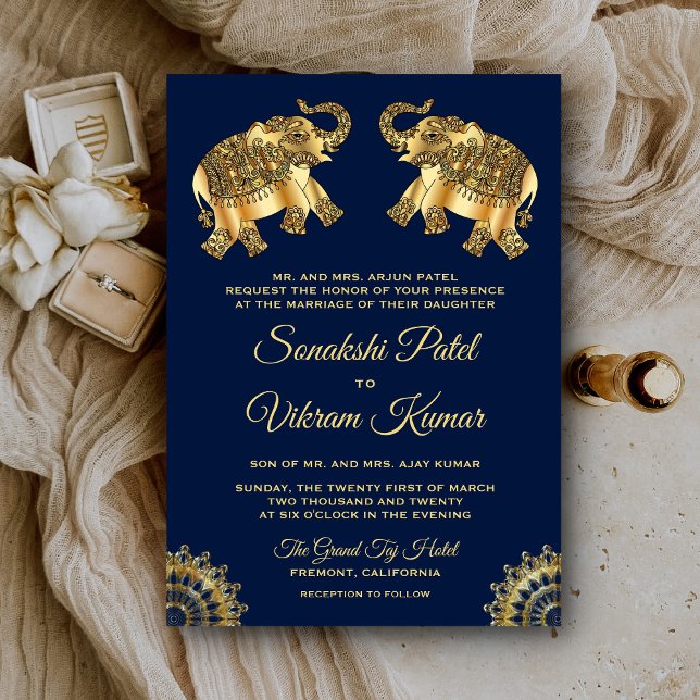 Invitation Éléphants ethniques Blue Gold Mariage Indien (Créateur téléchargé)