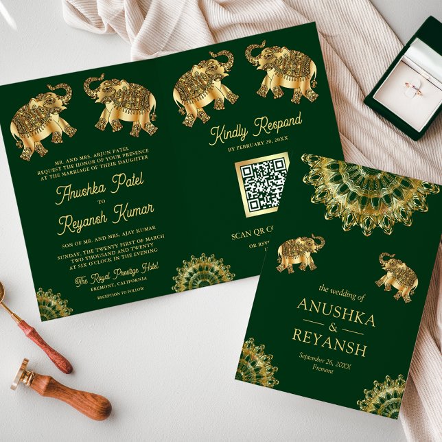Invitation Éléphants ethniques de mariage indien QR Code en o (Créateur téléchargé)