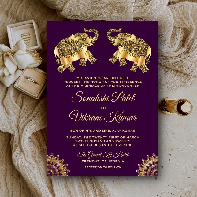 Invitation Eléphants ethniques d'or violet Mariage indien Inv (Créateur téléchargé)