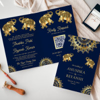Éléphants ethniques indiens Code QR Mariage Or Ble