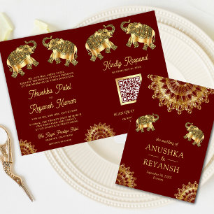 Invitation Éléphants ethniques or et rouge Code QR Mariage in