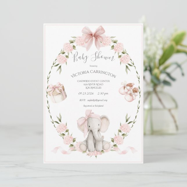 Invitation Éléphants Fleurs Hydrangeas Rose Fille Baby Shower (Debout devant)