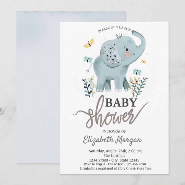 Invitation Éléphants Fleurs Papillons Baby Shower (Devant / Derrière)