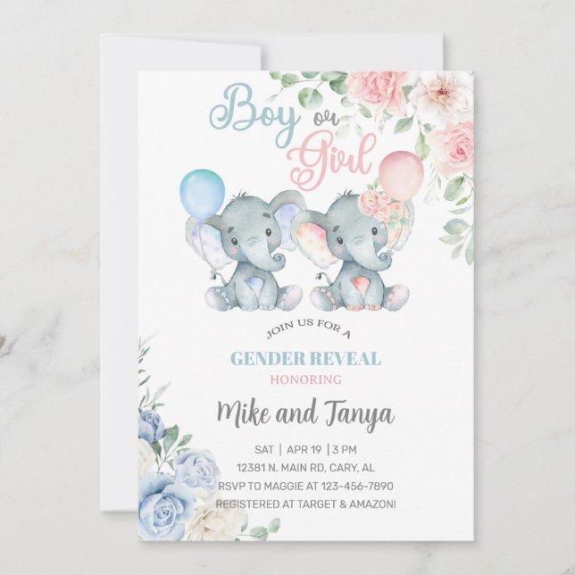 Invitation Elephants gender reveal invite, pink blue flowers. (Devant)