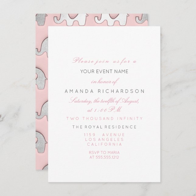 Invitation Eléphants gris rose Baby shower d'anniversaire bla (Devant / Derrière)