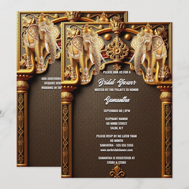 Invitation Eléphants indiens fleurie or luxe nuptiale douche (Devant / Derrière)