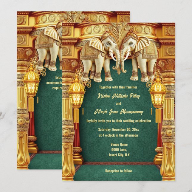 Invitation Eléphants indiens lanternes vert or luxueux (Devant / Derrière)
