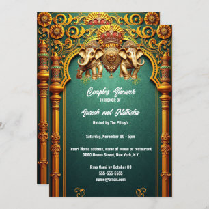 Invitation Eléphants indiens royal turquoise or couples douch