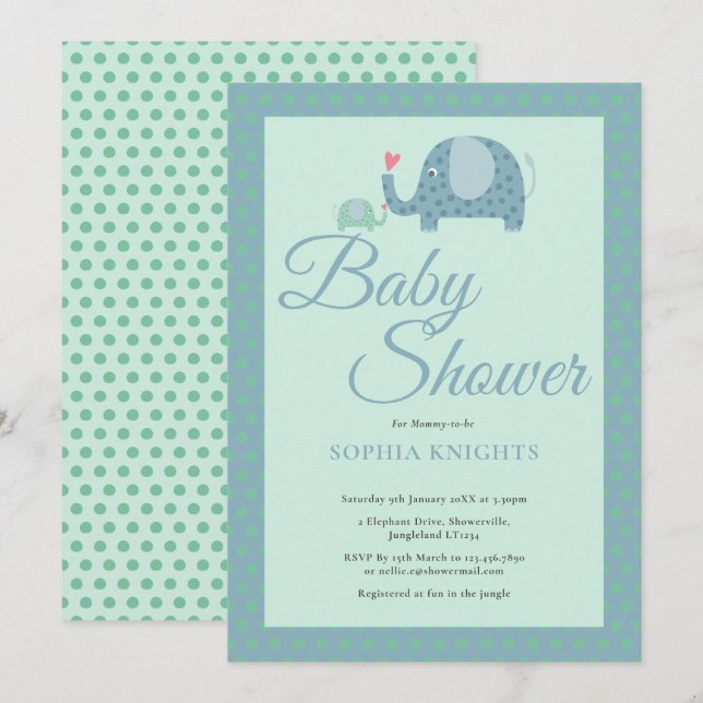 Invitation Éléphants Mignons à Points Baby Shower / Sprinkle (Devant / Derrière)