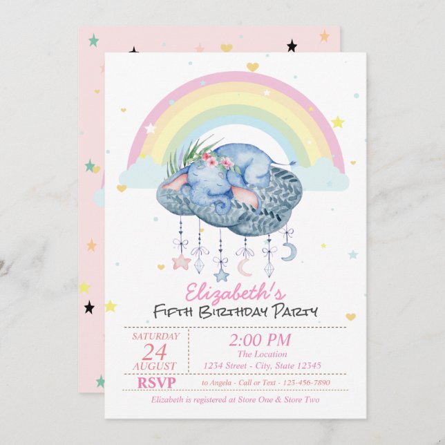 Invitation Eléphants mignons Etoiles arc-en-ciel Anniversaire (Devant / Derrière)