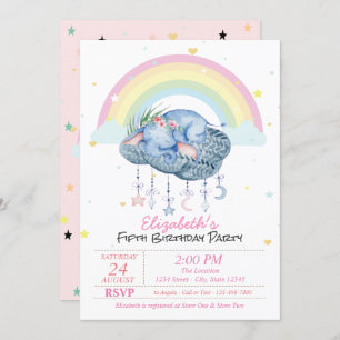 Invitation Eléphants mignons Etoiles arc-en-ciel Anniversaire