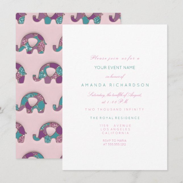 Invitation Elephants Pink Pastel Baby shower Turquoise Violet (Devant / Derrière)