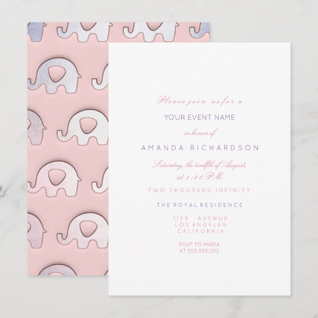 Invitation Elephants rose bleu pastel Baby shower blanc (Devant / Derrière)