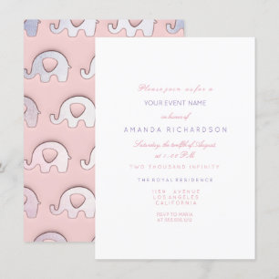 Invitation Elephants rose bleu pastel Baby shower blanc