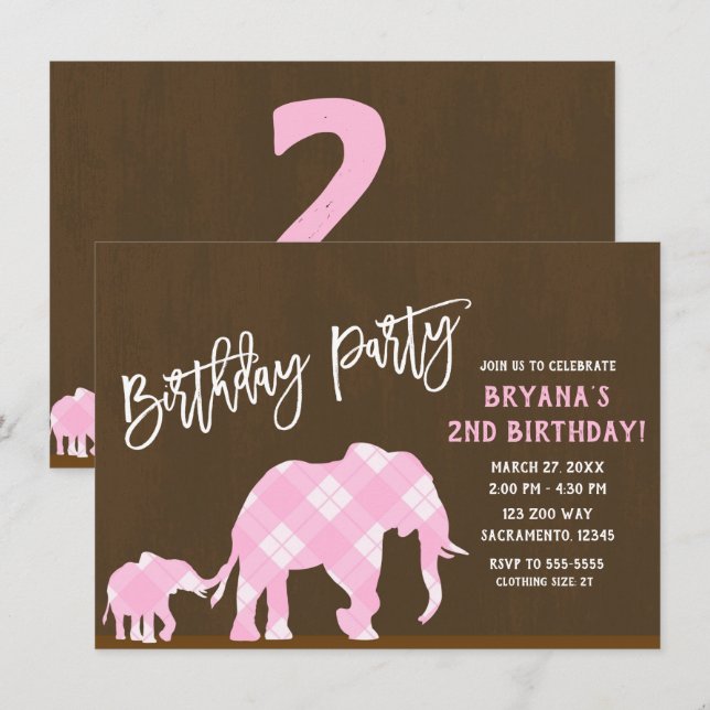 Invitation Eléphants roses Brown Fête d'anniversaire moderne  (Devant / Derrière)