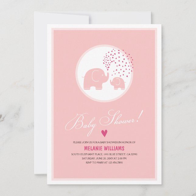 Invitation Eléphants roses Coeurs Fille Baby shower Invitatio (Devant)