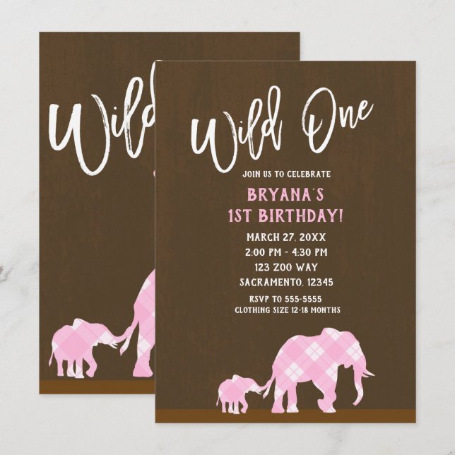 Invitation Éléphants Roses Marron Moderne WILD ONE 1er Annive (Devant / Derrière)